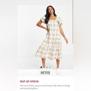 Influence Petite square neck tiered midi dress in beige oversized gingham size 4